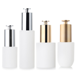 White Glass Bottle with Metalized T-shaped Push-button Pipette Cap